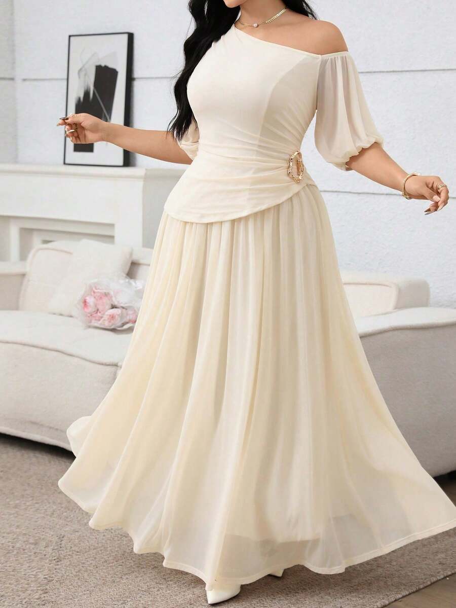 Conjunto informal de 2 piezas de talla grande para mujer con top asimétrico de hombro y decoración metálica, y falda de unicolor - Albaricoque - Ver 1
