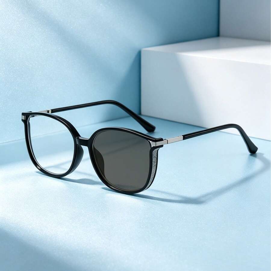 2/1pcs Photochromic Double-Sided Rhinestone Inlaid Lightweight Grey Brown Cat Eye Pattern Fashion Flat Lens Reading Glasses, Versatile Style - Multicolor - View 1