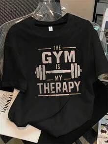 Camiseta de gimnasio de manga corta y cuello redondo para mujer, con estampado "My Treatment Method", apta para todas las estaciones. - Negro - Ver 1