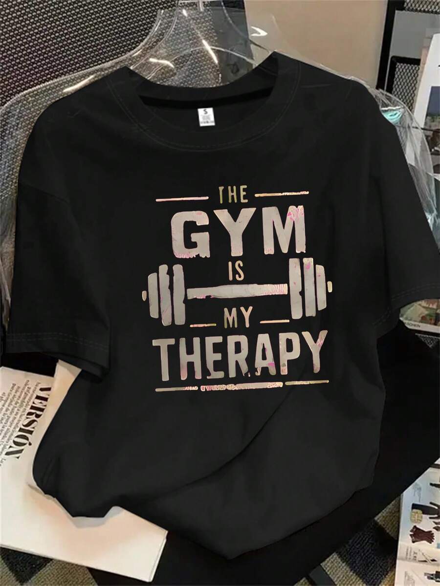 Camiseta de gimnasio de manga corta y cuello redondo para mujer, con estampado "My Treatment Method", apta para todas las estaciones. - Negro - Ver 1