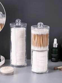 Acrylic Storage Box With Bamboo Lid/Transparent Lid - Transparent Cotton Swab, Cotton Ball And Dental Floss Holder For Bathroom Storage - Multi-Functional Storage Box For Vanity Essentials - A - View 7