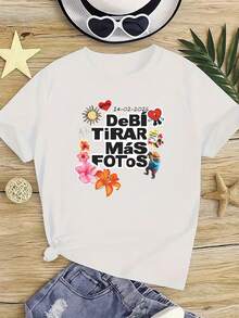 Un Top en coton personnalisé, t-shirt à manches courtes col rond printemps/été, imprimé de dessin animé, convient pour les loisirs quotidiens des filles, les vacances, la plage, les enfants - Blanc - Voir 1