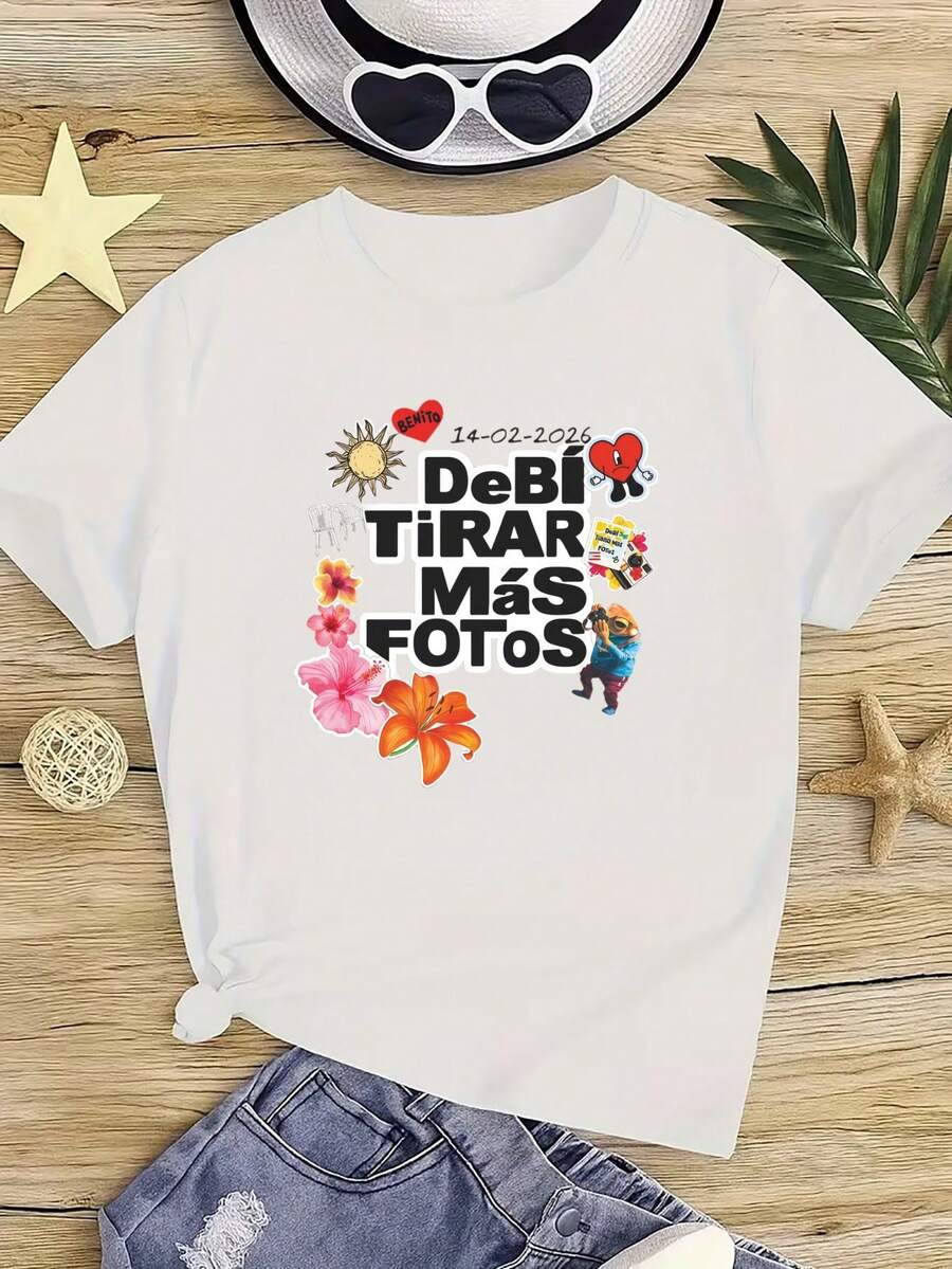 Un Top en coton personnalisé, t-shirt à manches courtes col rond printemps/été, imprimé de dessin animé, convient pour les loisirs quotidiens des filles, les vacances, la plage, les enfants - Blanc - Voir 1