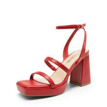 Women High Platform Chunky Heeled Sandals Fashionable Ankle Strap Square Toe Heeled Sandals Party Sandals Y2K Dress Shoes - 紅色 - 查看 4