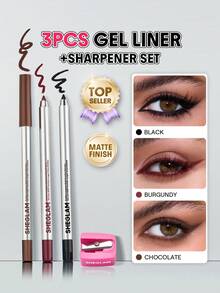 SHEGLAM [4 pcs] Boldline Set de Delineador en Gel Multifunción de Larga Duración y Sacapuntas - Negro + Borgoña + Chocolate - Ver 10