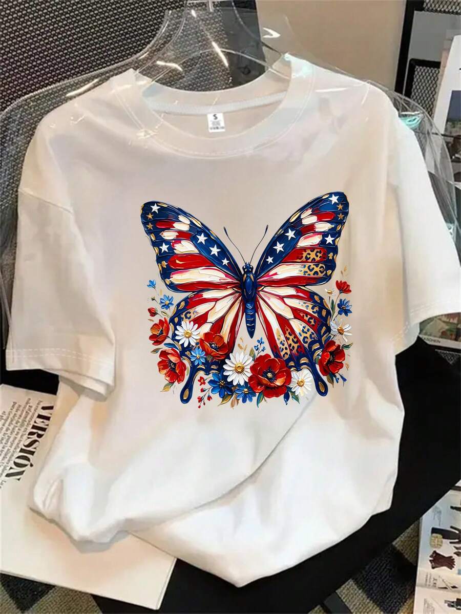 Top de mujer de manga corta y cuello redondo con estampado de mariposas que representan las alas de la bandera estadounidense, apto para todas las estaciones. - Blanco - Ver 1