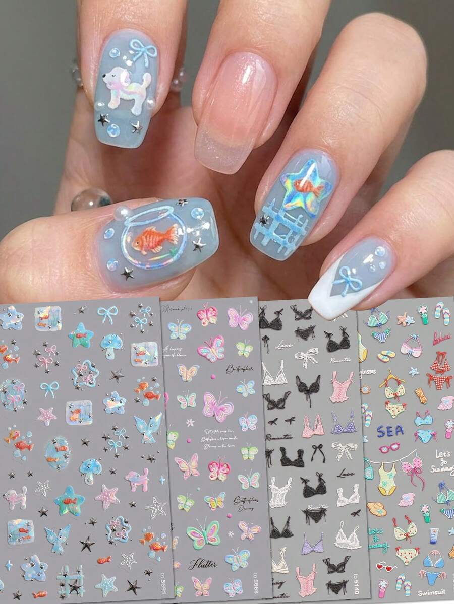 4件組夏季比基尼蕾絲蝴蝶美甲貼紙，可愛性感3D浮雕星空金魚美甲貼，附背膠，春夏音樂祭度假DIY美甲沙龍用品