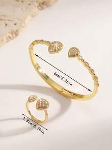 Un conjunto de joyería de lujo ligero, elegante y exquisito, chapado en oro y plata, densamente incrustado con gotas de agua del tamaño de diamantes, un conjunto de brazalete y anillo decorativo de circonita, adecuado para fiestas de gala, uso diario y regalos de vacaciones para mujeres. - Gotas de agua dobles, grandes y pequeñas - Ver 2