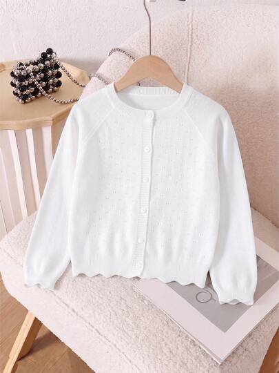 Girls' Solid Color Knitted Lightweight Cardigan, Suitable For Home Wear, Outings Or Eid Al-Adha Gift