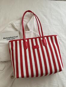 European And American Cross-Border Personalized Large Capacity Striped Minimalist Printed Tote Bag, New Women's Rhombus Commuter Shoulder Bag - Red - View 7