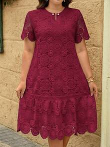 Reflora Vestido con cuello redondo, mangas cortas, volantes en el bajo y silueta de línea A, elegante y de encaje, para mujer de talla grande.Vestidos formales para mujer, vestidos de gala para mujer, vestidos elegantes y de clase para mujer, vestidos de verano para mujer de talla grande, vestidos de resort para mujer de talla grande, vestidos de vacaciones para mujer de talla grande.Ideal como regalo para el Día de la Madre.También adecuado para bodas, invitadas de boda y compromisos. - Rojo - Ver 1