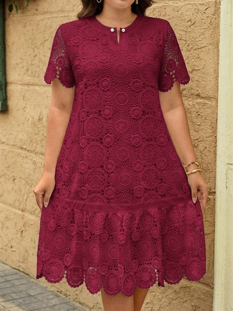 Reflora Vestido con cuello redondo, mangas cortas, volantes en el bajo y silueta de línea A, elegante y de encaje, para mujer de talla grande.Vestidos formales para mujer, vestidos de gala para mujer, vestidos elegantes y de clase para mujer, vestidos de verano para mujer de talla grande, vestidos de resort para mujer de talla grande, vestidos de vacaciones para mujer de talla grande.Ideal como regalo para el Día de la Madre.También adecuado para bodas, invitadas de boda y compromisos. - Rojo - Ver 1