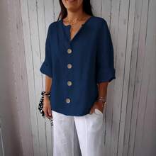 2026 Summer New Loose Short-Sleeve T-Shirt For Women, V-Neck Cotton-Linen Button Top - Milky - View 4