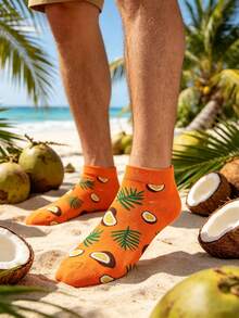 1 Pasang Kaos Kaki Perahu Gaya Liburan Tropis, Motif Daun Pohon Kelapa Oranye, Nyaman dan Tahan Lama, Kaos Kaki Pendek Harian Sepanjang Musim - MultiWarna - View 2