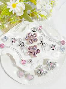 16/14pcs Silver Base Pink Rhinestone Chain Shoe Charms, Bow Heart Four-Point Star Flower Detachable DIY Accessories, Fit Perforated Sandals And Slippers, Holiday Gift - Multicolor - View 3