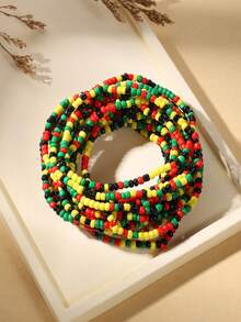 7pcs Black History Month Bohemian Black Red Yellow Green Mixed Color Seed Bead Elastic Bracelets, Random Bead Color Sequence - Multicolor - View 4