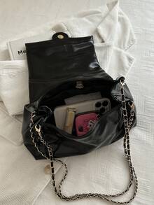 New Retro Fashion Square Bag, Metal Hardware & Belt Decor, Flap Opening Shoulder Bag. Small Capacity, Lightweight, Minimalist, Solid Color Soft Leather Crossbody Bag. Suitable For Women's Daily Life, Commuting, Work, Vacation And Student Use - Black - View 6