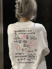 Cute Y2K Summer Top. 1 Pack. Cute Y2K Summer Top. 100% Cotton. Y2K Style Math Equation Print T-Shirt - Casual Round Neck, Short Sleeves, Loose Fit, Stretch Fabric Top For Women - Summer T-Shirt With Math Formulas And Symbols. Perfect For A Casual Look. - 白色 - 查看 3