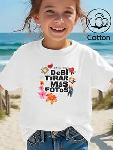 Un Top en coton personnalisé, t-shirt à manches courtes col rond printemps/été, imprimé de dessin animé, convient pour les loisirs quotidiens des filles, les vacances, la plage, les enfants - Blanc - Voir 3