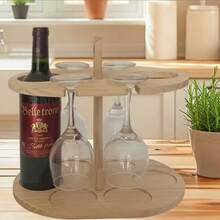 Natural Solid Wood Multi-Functional Wine Rack, Home Bar Wine Glass Hanging Rack With Handle, Portable Wine Bottle And Glass Integrated Storage Shelf - Apricot - View 2