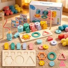 Wooden Magnetic Fishing Toy 3-In-1 Shape Stacking & Matching Game, Early Learning Cognitive Blocks, Parent-Child Interactive Educational Gift - Multicolor - View 2