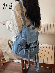 Vintage Washed Blue Canvas Drawstring Backpack, Niche Casual Style Flap Cover Backpack, Daily Commute Student Leisure Small Backpack, Relaxed Drawstring Flap Design, Casual Versatile Multi-Pocket Backpack, School Style Middle/High/College Student Backpack, Lightweight Travel Canvas Bag - Multicolor - View 2