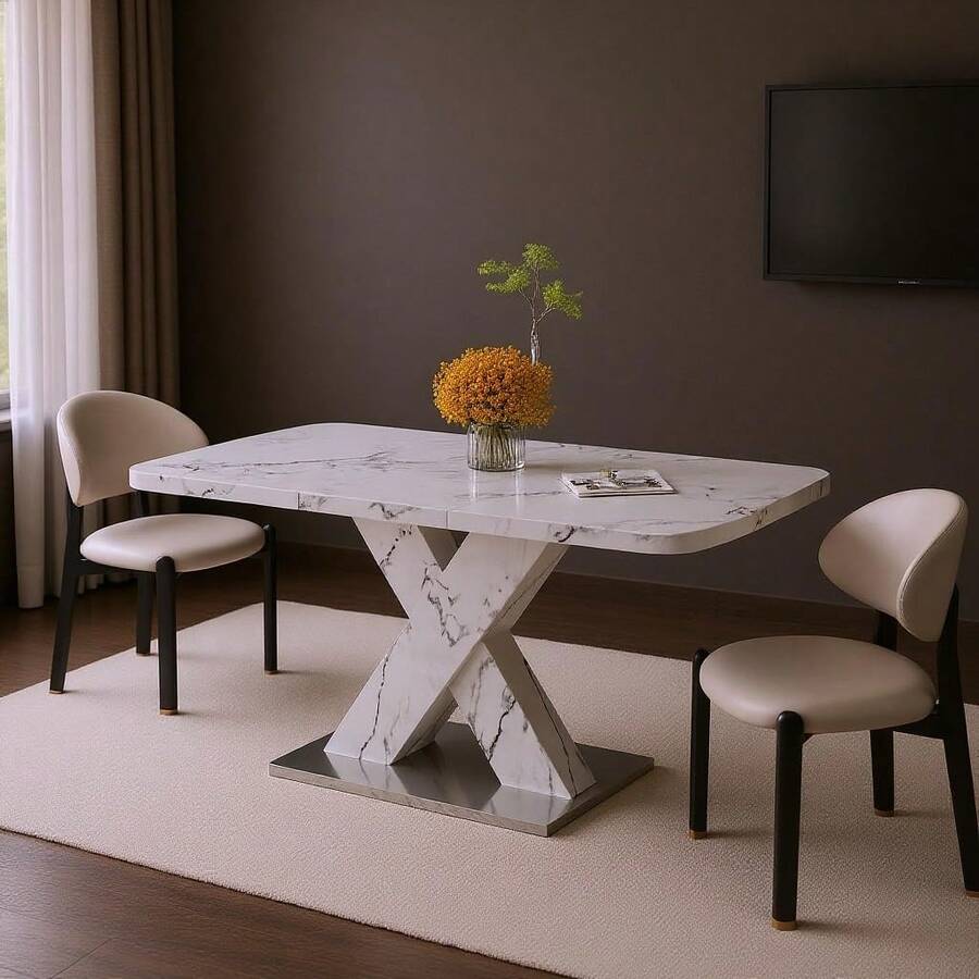 EGBHDSFT Modern Rectangle Dining Table - 120-160cm, White Marble Top + Metal Leg - Schwarz - Übersicht 1