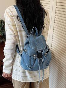 Vintage Washed Blue Canvas Drawstring Backpack, Niche Casual Style Flap Cover Backpack, Daily Commute Student Leisure Small Backpack, Relaxed Drawstring Flap Design, Casual Versatile Multi-Pocket Backpack, School Style Middle/High/College Student Backpack, Lightweight Travel Canvas Bag - Multicolor - View 9