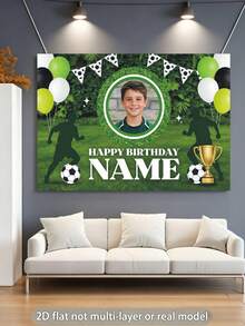 Customizable Photo & Name Football Theme Birthday Backdrop, Green Flag Balloon Outdoor Lawn Football Trophy Decoration, Suitable For Football Theme Birthday, Event, Holiday, Celebration Backdrop Decoration And Photography Props, Vinyl Material. - Green - View 4