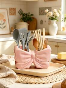 Decorative Bow Kitchen Utensil Holder Cutlery Organizer Countertop Flatware Storage Basket Spoon Fork Knife Caddy Kitchen Counter Decor Dining Table Organizer Home Kitchen Accessories White Pink - Multicolor - View 4
