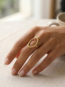 RAYQUEEN 1pc Stainless Steel Hollow Elliptical Splice Ring, French Retro Fashion Niche Design Elegant Accessory, Suitable For Daily Wear - Ring - View 3
