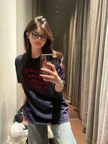 100% Cotton. Casual Short-Sleeved Printed T-Shirt. 1pac Vintage-Style Short-Sleeved T-Shirt For Women, Uniquely Designed Summer Tee, Loose-Fitting Top For Layering. Spring/Summer Top. - Black - View 3