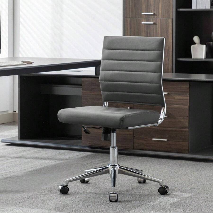 Armless Office Desk Chair, Mid Back Leather Conference Room Chairs Without Armrests, Modern Office Chair Ribbed. - Grey - View 1