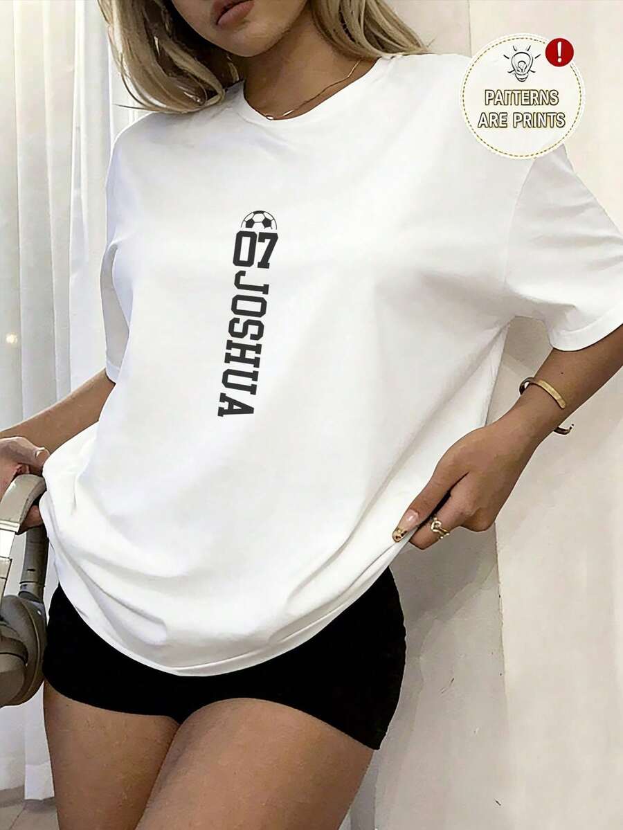 Vintage Oversized Damen "JOSHUA" Slogan T-Shirt, 100% Baumwolle Rundhals Locker Top - White - View 1
