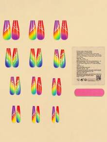 Rainbow Color Medium Square Press-On Nails, Colorful Striped Design, Summer Glossy Acrylic Fake Nails, Cute Full Coverage Nail Tips, Suitable For Women, 24pcs/Box - 彩色 - 查看 4