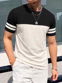 Men's Retro Contrast Color Round Neck Short Sleeve T-Shirt, New Design Patchwork Lightweight Summer Top - Apricot - View 4