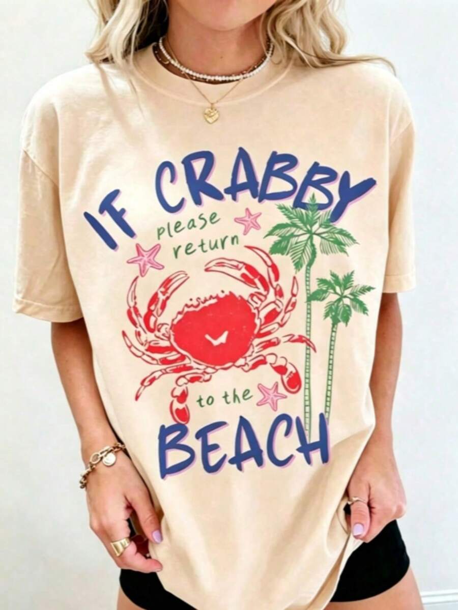 1pcsWomen's If Crabby Please Return To The Beach Salty Graphic T-Shirt 100% Cotton Double-Sided Print Oversized Casual Summer Tops | Summer Clothes | Vacation OutfitsSoft Whale Shark Isaiah 43:2 Bible Verse Ocean Print Casual Summer T-Shirt Summer Tops - 杏子 2 - 查看 1