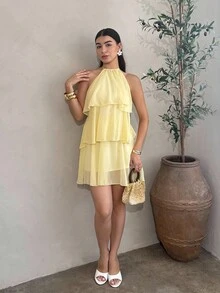YKhahaAndrea Bello Vestido corto de gasa con hojas de loto en cascada de color rojo sólido, adecuado para citas diarias, salidas nocturnas, discotecas, fiestas, reuniones, fiestas de cóctel, fiestas de piscina, ropa de vuelta al colegio, vestidos de temporada escolar, vestidos de vacaciones, faldas de tulYKhaha - Amarillo - Ver 1