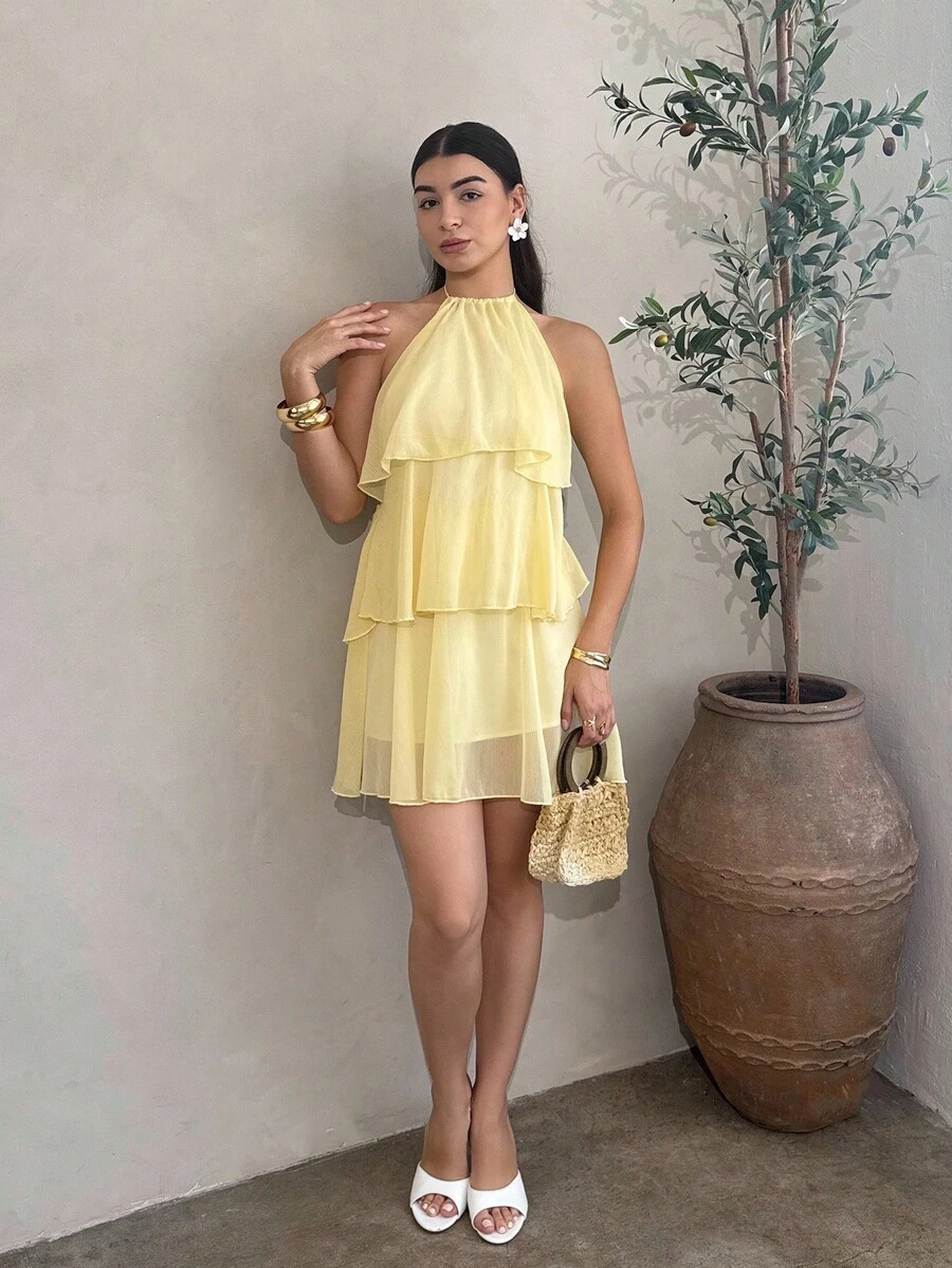 YKhahaAndrea Bello Vestido corto de gasa con hojas de loto en cascada de color rojo sólido, adecuado para citas diarias, salidas nocturnas, discotecas, fiestas, reuniones, fiestas de cóctel, fiestas de piscina, ropa de vuelta al colegio, vestidos de temporada escolar, vestidos de vacaciones, faldas de tulYKhaha - Amarillo - Ver 1