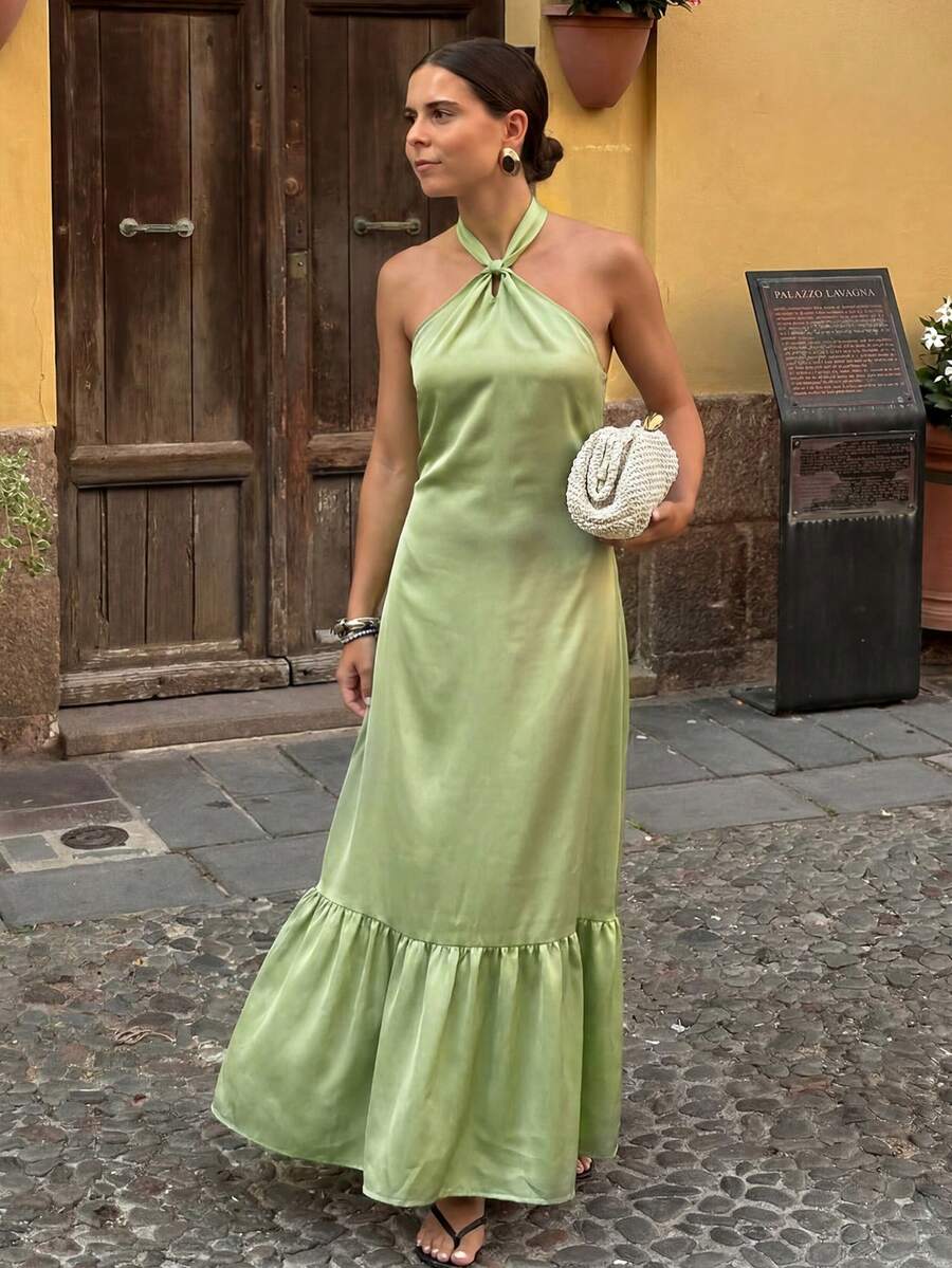 2026 HoloChill Women's Casual Sleeveless Halter Neck Maxi Dress, Summer Casual New Arrival, Elegant Backless A-Line Long Dress, Sleeveless Green Woven Fabric, Regular Hem, Creating Fashionable Casual Look, Women's Summer Dress, Holiday Dress, Elegant Party Dress, Women's Beach Dress, Wedding Guest Dress, Women's Birthday Dress, Women's Elegant Dress, Women's Beach Vacation Outfit, Women's Casual Dress - Mint Green - View 1