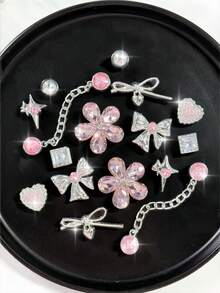 16/14pcs Silver Base Pink Rhinestone Chain Shoe Charms, Bow Heart Four-Point Star Flower Detachable DIY Accessories, Fit Perforated Sandals And Slippers, Holiday Gift - Multicolor - View 1