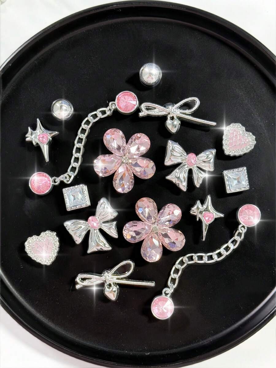 16/14pcs Silver Base Pink Rhinestone Chain Shoe Charms, Bow Heart Four-Point Star Flower Detachable DIY Accessories, Fit Perforated Sandals And Slippers, Holiday Gift - Multicolor - View 1