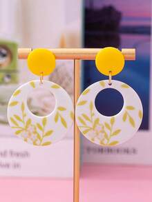 1 Pair Fashion Yellow & White Polka Dot Floral Pattern Acrylic Geometric Water Drop Round Dangle Earrings, Suitable For Daily Wear - Yellow - View 6