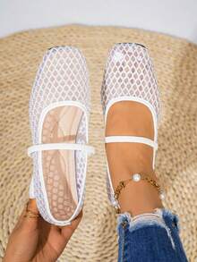 Women's Mesh Square Toe Flat Shoes, Outdoor Casual Wedding Party Breathable Hollow Out Ballet Loafers - White - View 2