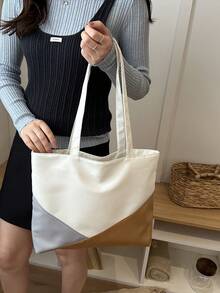 Classic Color Block Shoulder Bag, Minimalist Versatile Large Capacity Tote Bag, Commuter Canvas Handbag, Fashionable - White - View 8