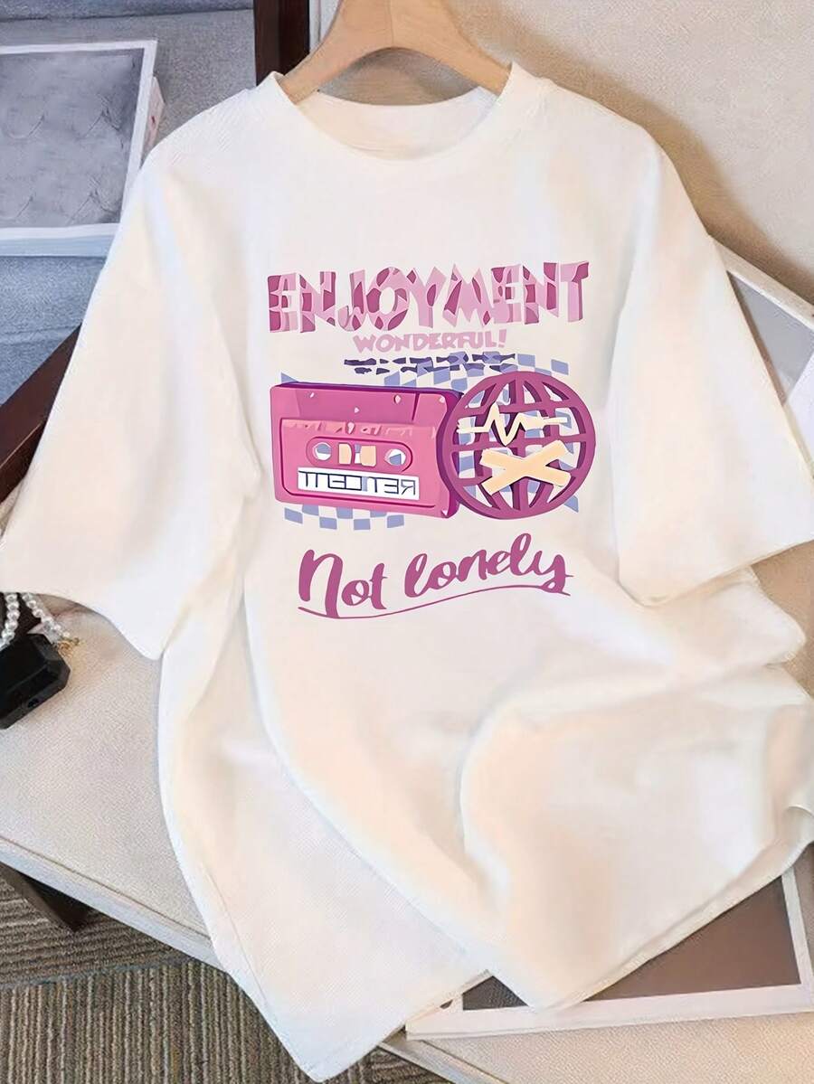 100% Cotton. Casual Short-Sleeved Printed T-Shirt. 1pac Women's Short-Sleeved T-Shirt, Exclusive Design Print, New Summer Style, Regular Fit, Fashionable T-Shirt. Spring And Summer Top. - 白色 - 查看 1