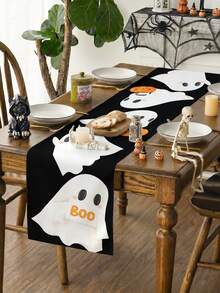 1pc 35*180cm Halloween Theme Table Runner, Cute Pumpkin, Ghost, Spider Web, Bat Pattern Theme Tablecloth Halloween Tabletop Decoration, Halloween Theme Party, Kitchen And Home Decor, Indoor And Outdoor Use, Holiday Table Decoration, Halloween Party Supplies - Multicolor - View 3