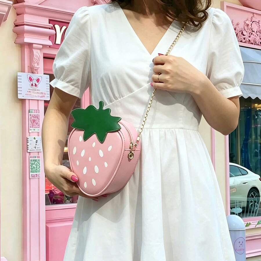 女款時尚休閒百搭PU鏈條單肩包，可愛個性化水果手機包，草莓造型便攜式不對稱單肩包，適合通勤、旅行、攝影及日常使用 - 粉色 - 查看 1