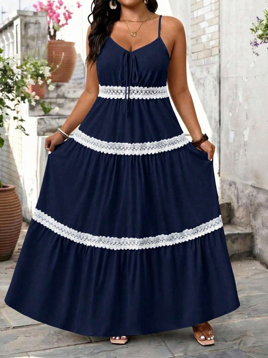 Tall Vestido sin mangas con cuello en V para mujer talla grande, versátil y de moda con ribete de encaje, de alta calidad y estilizador, adecuado para primavera/verano, uso casual y vacaciones - Azul 2 - Ver 1
