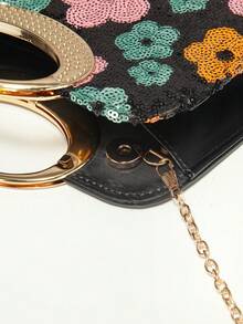 亮片刺繡花卉晚宴手拿包/亮片拼接手提包/單肩包，適合派對女孩/女士/新娘，搭配晚禮服展現奢華感，鏈條肩帶斜背包，適用於舞會、派對、盛會、生日派對，可作為生日禮物、新娘手拿包、婚禮包，隨機剪裁 - 黑色 - 查看 4